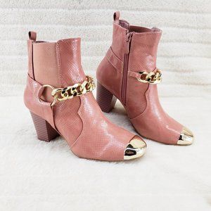 Blush Pink Golden Tone Chain Toe Cap Western Harness Boots